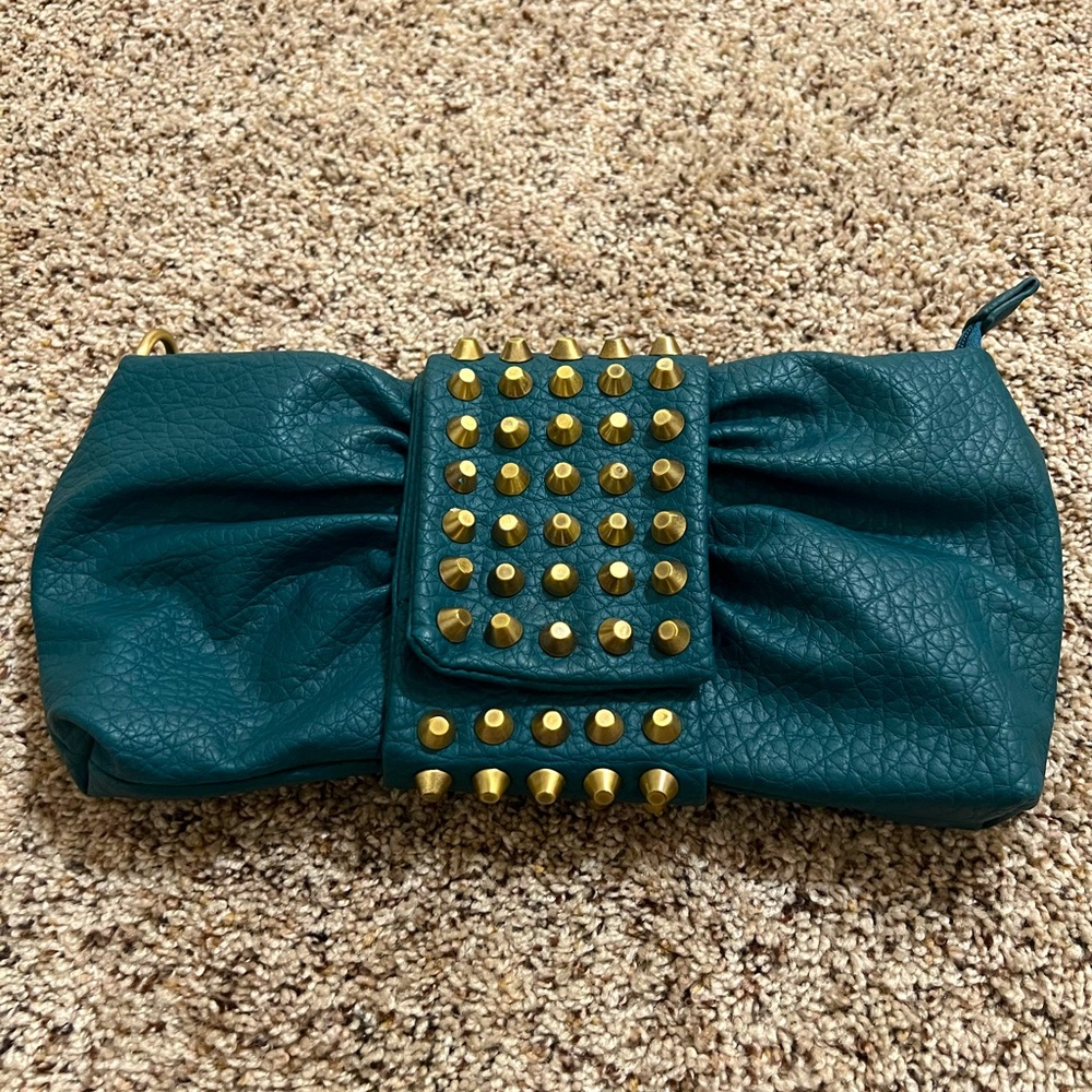 NILA ANTHONY Leather Gold Studded Fold Over Clutch